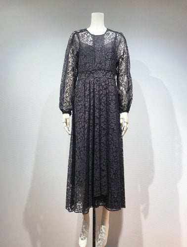 FLOWER-LACE TRIMING GATHER DRESS