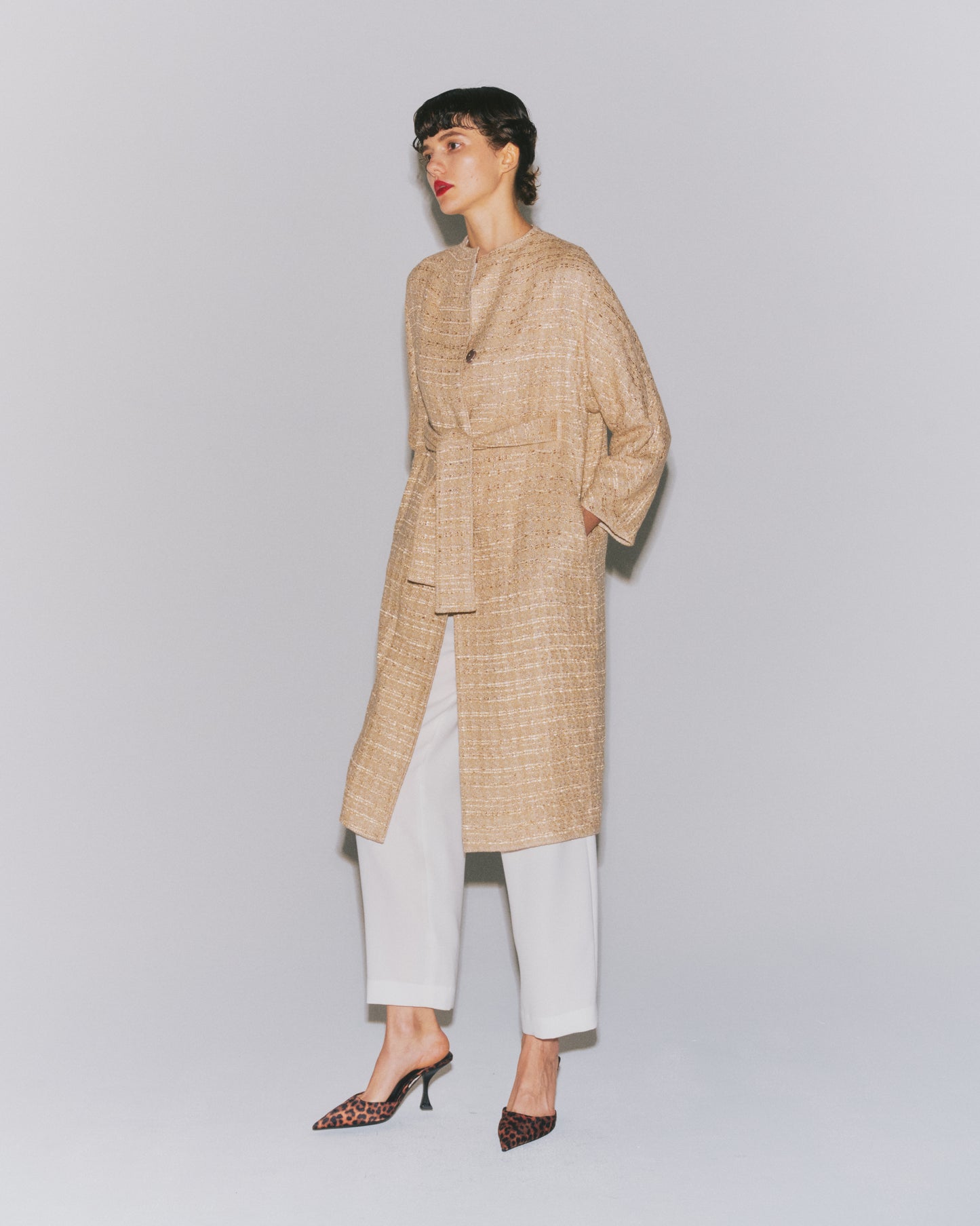 LAME-TWD IN-BELTED COAT