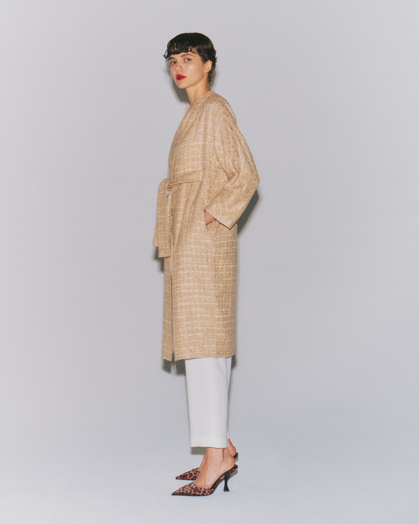 LAME-TWD IN-BELTED COAT