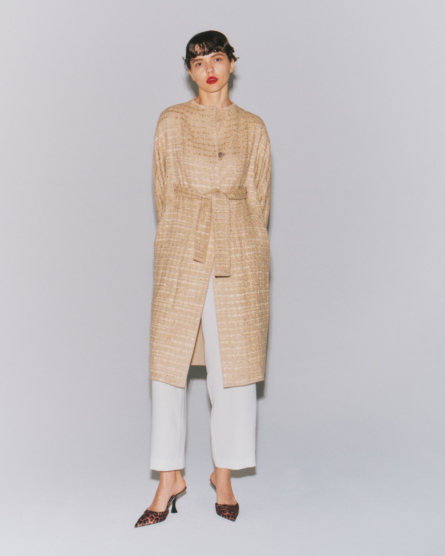 LAME-TWD IN-BELTED COAT