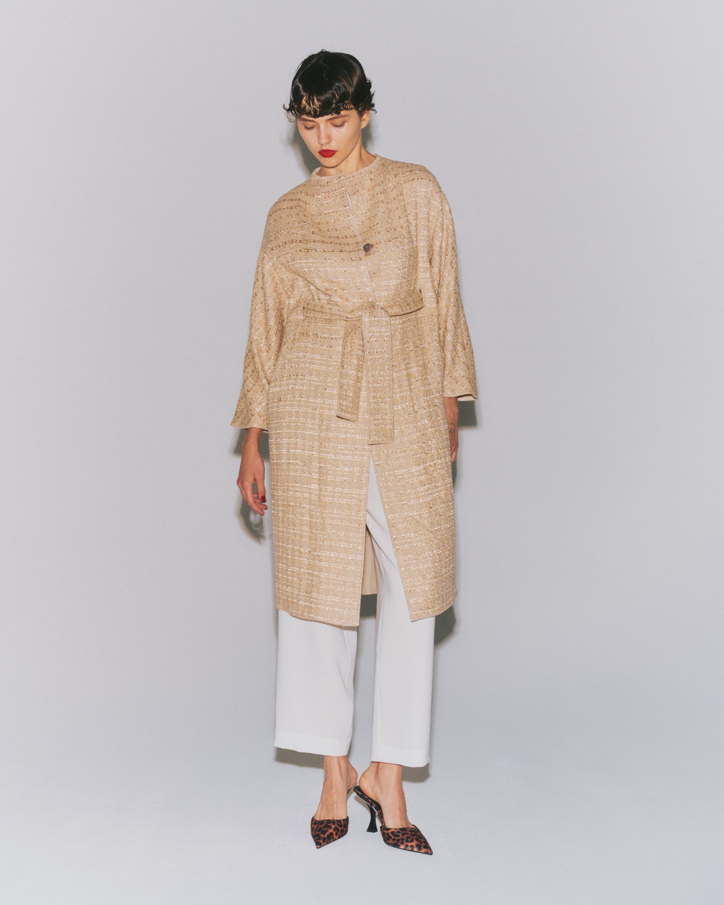 LAME-TWD IN-BELTED COAT