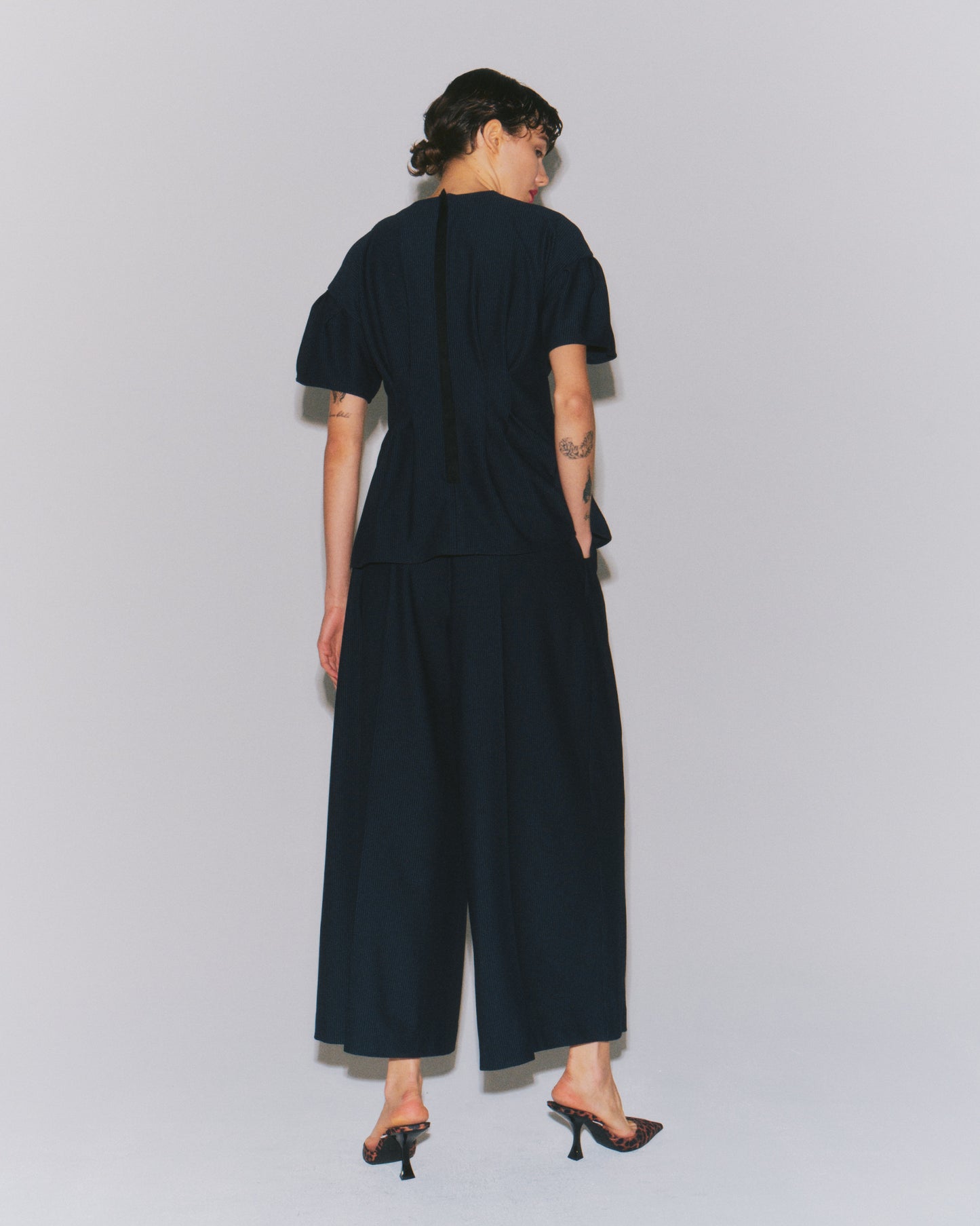 SHEERSUCKER WIDE FLAIR PANTS