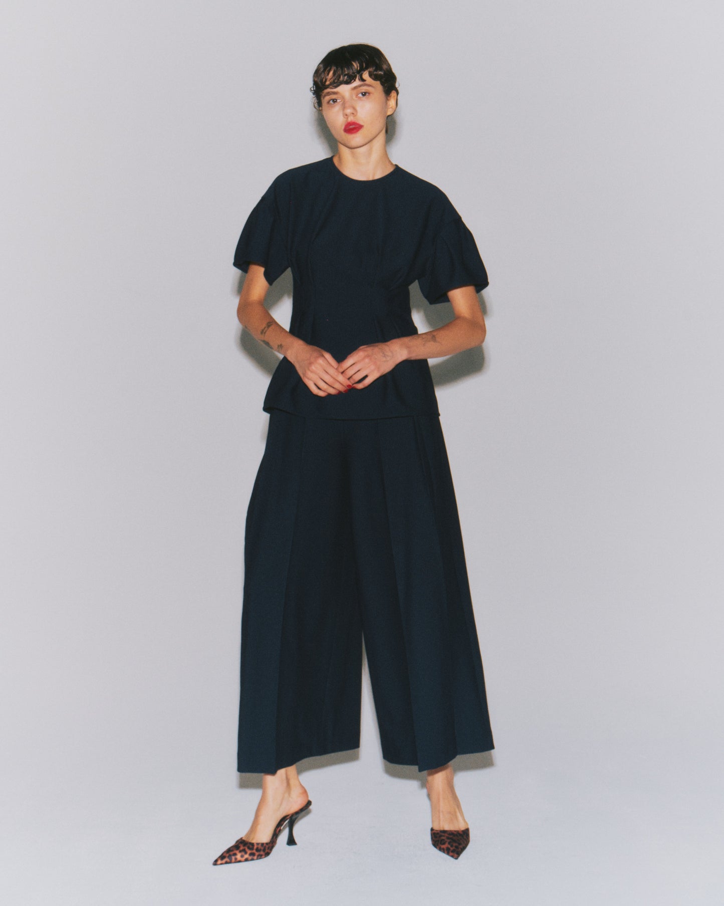 SHEERSUCKER WIDE FLAIR PANTS