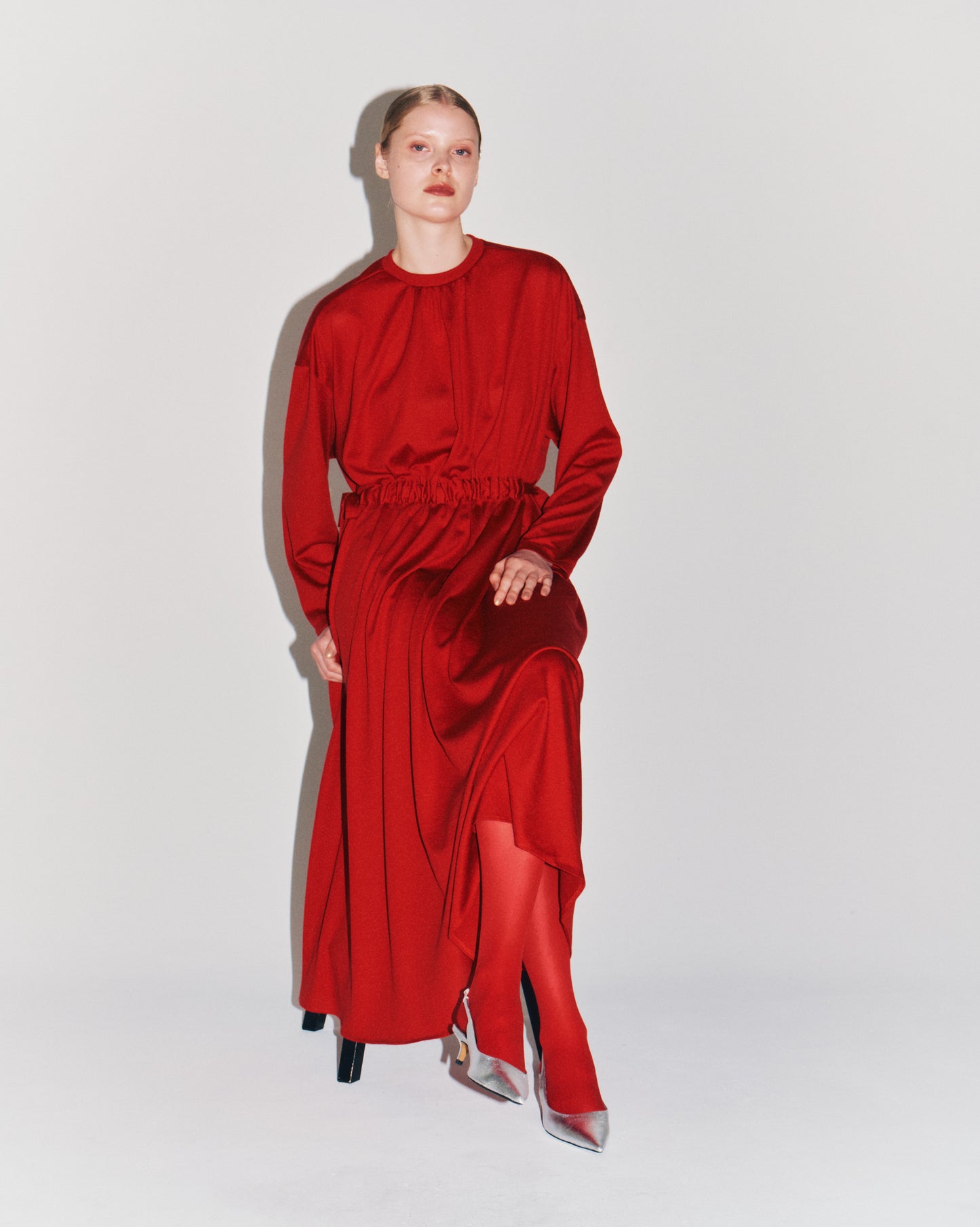 WOOL JRSY DRAW-CORD GATHER DRESS