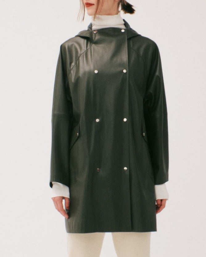 ECO-LEATHER HOODED SNAP COAT