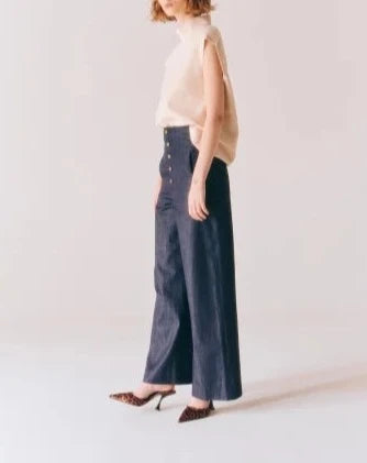 DENIM H/WAIST WIDE PANTS