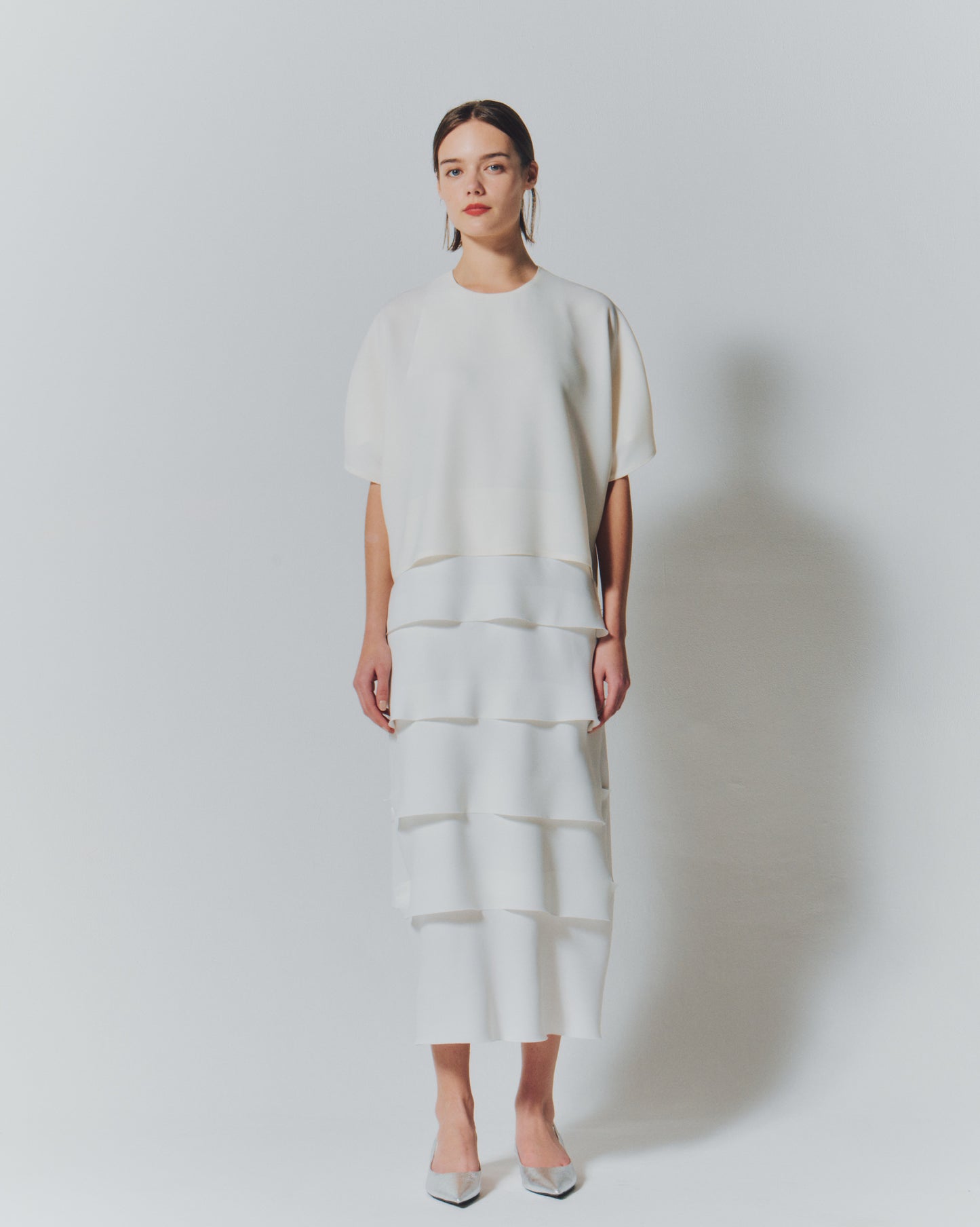 【予約商品】 MAT SATIN COMBI TIERED DRESS