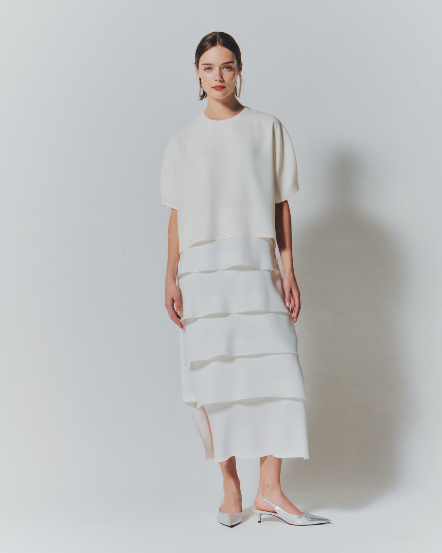 【予約商品】 MAT SATIN COMBI TIERED DRESS