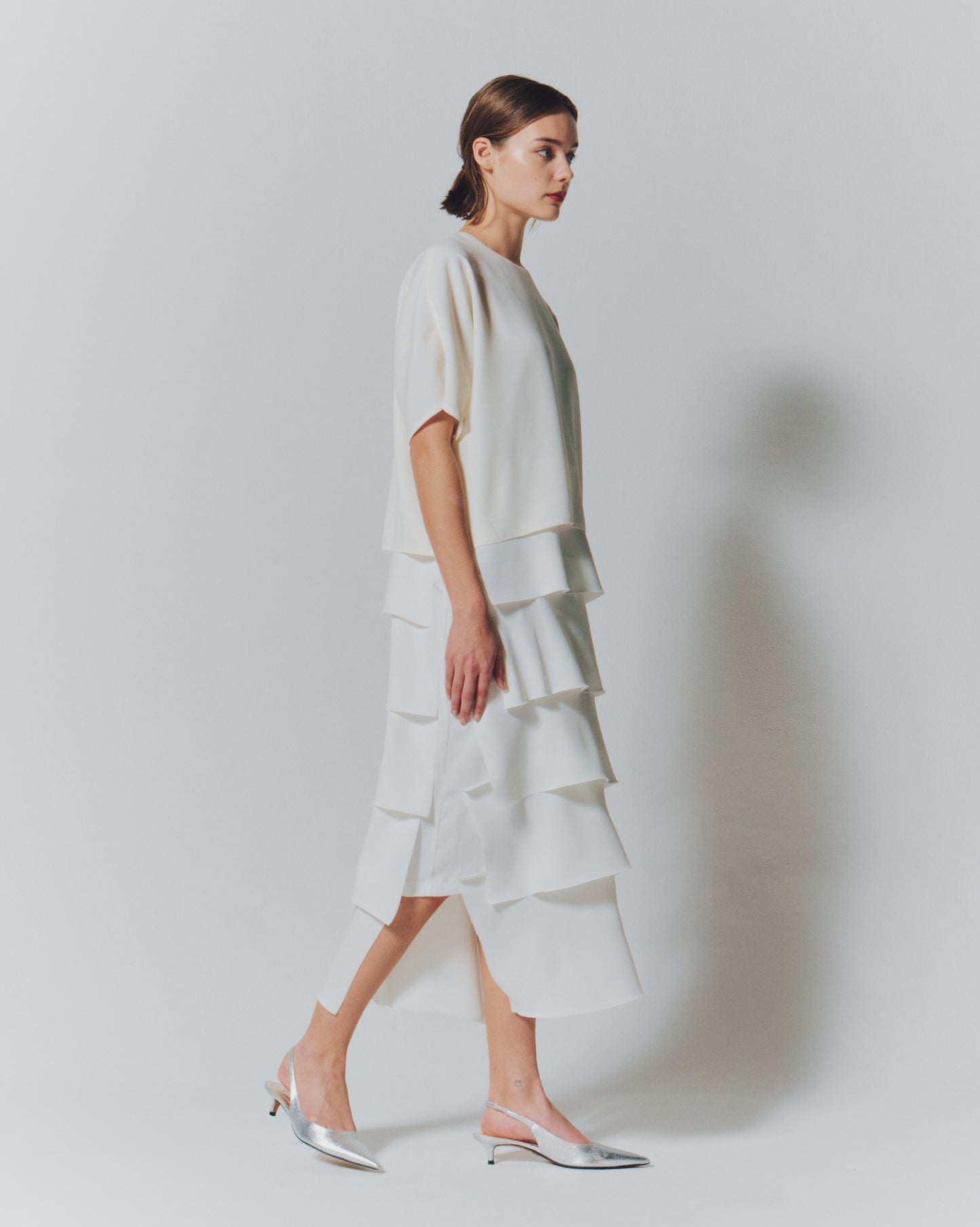 【予約商品】 MAT SATIN COMBI TIERED DRESS