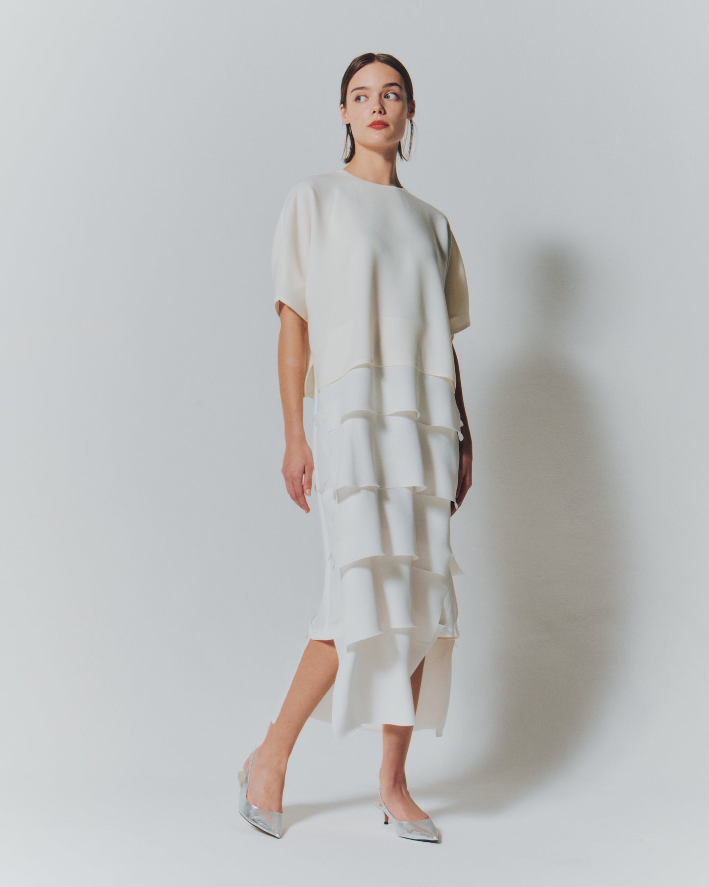 【予約商品】 MAT SATIN COMBI TIERED DRESS