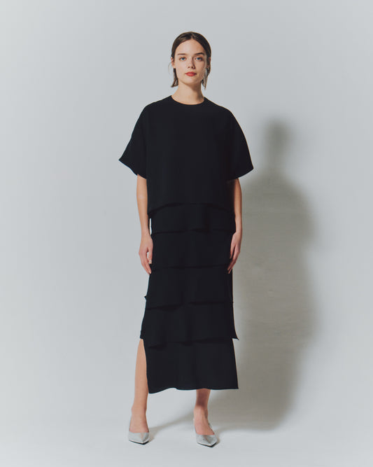 【予約商品】 MAT SATIN COMBI TIERED DRESS