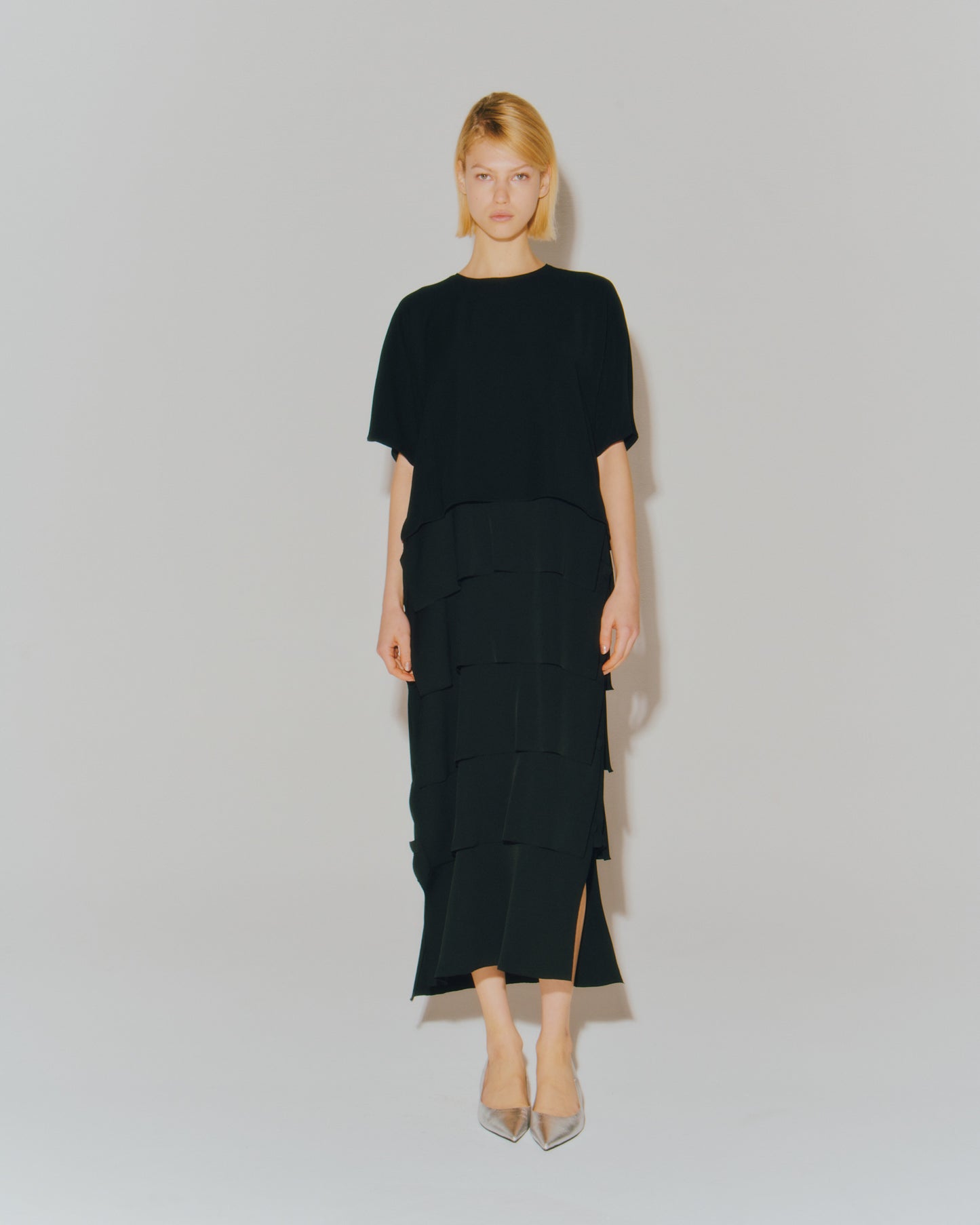 MAT SATIN COMBINATION TIERED DRESS