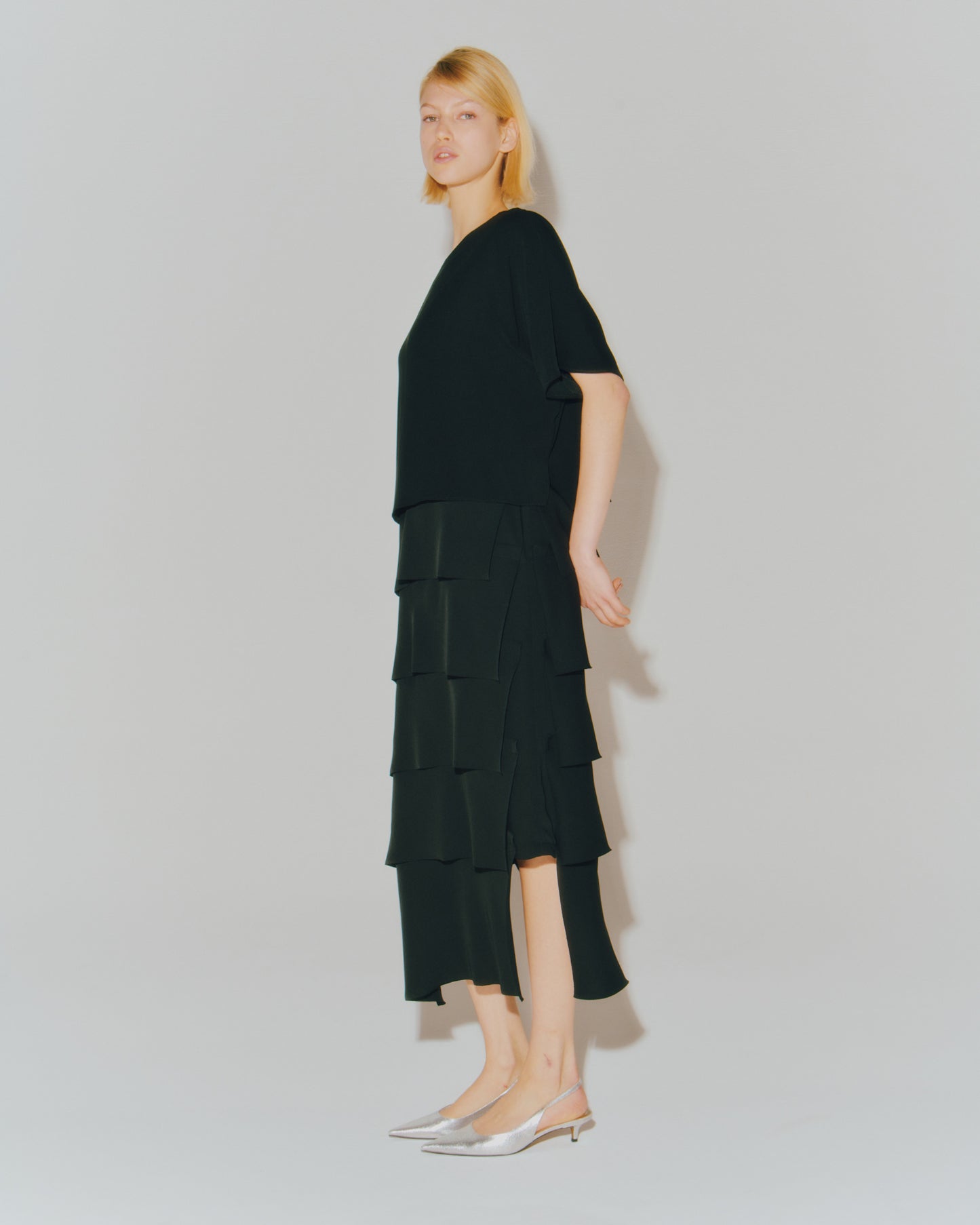 MAT SATIN COMBINATION TIERED DRESS