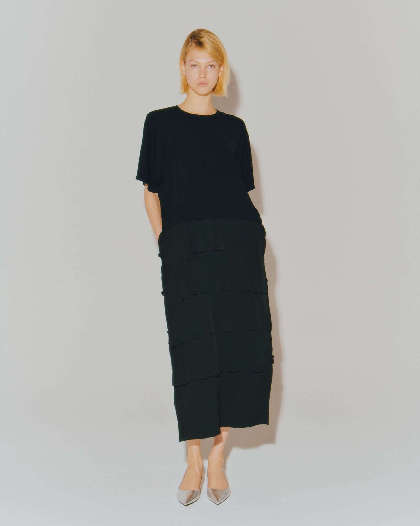 MAT SATIN COMBINATION TIERED DRESS