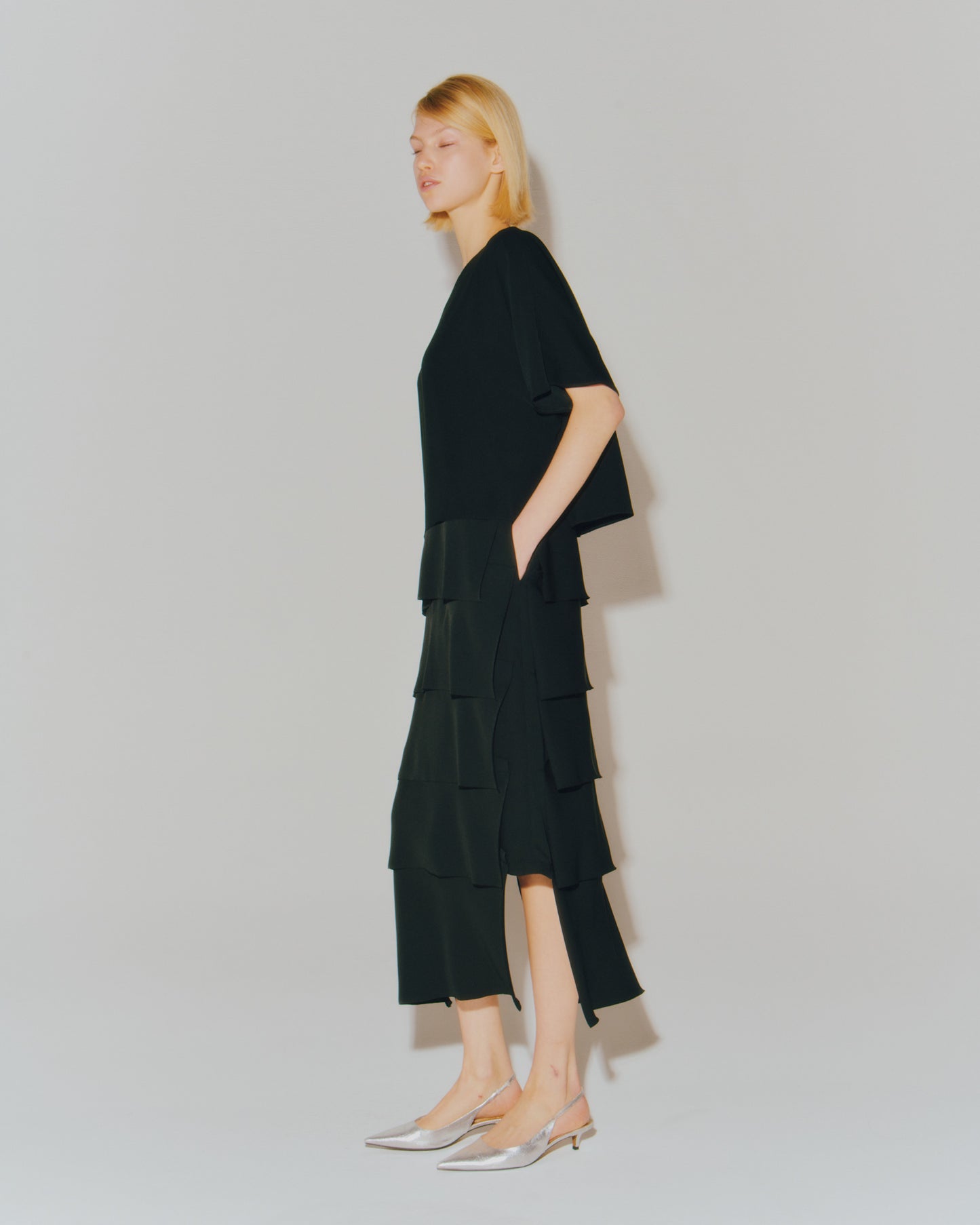 MAT SATIN COMBINATION TIERED DRESS