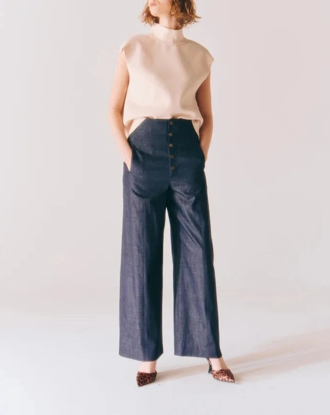 DENIM H/WAIST WIDE PANTS